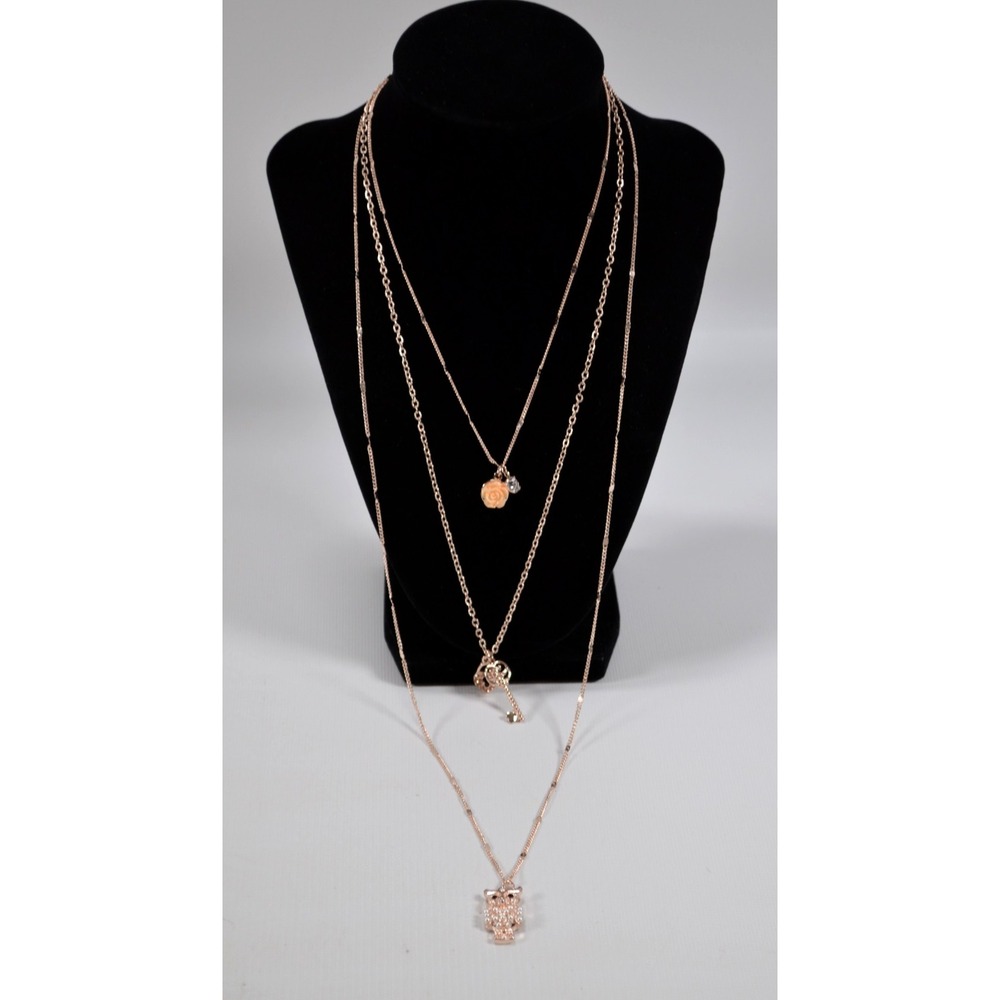 1946 Brand Gold Tne 3 Strand Layered Necklace Flower & Rhinestone Key,  Owl